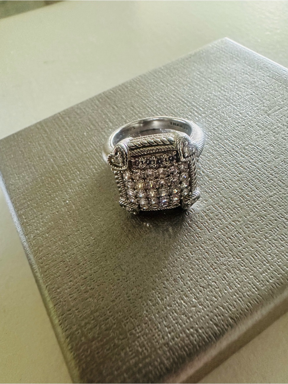 Judith Ripka Silver-Tone Pavé Square Ring with Rope Detail